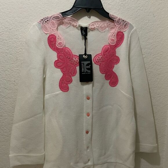 NEW ITALY TRICOT CHIC NEW  EMBROIDERED FRONT WHITE PINK SWEATER 10   COTTON 100% - Picture 7 of 10